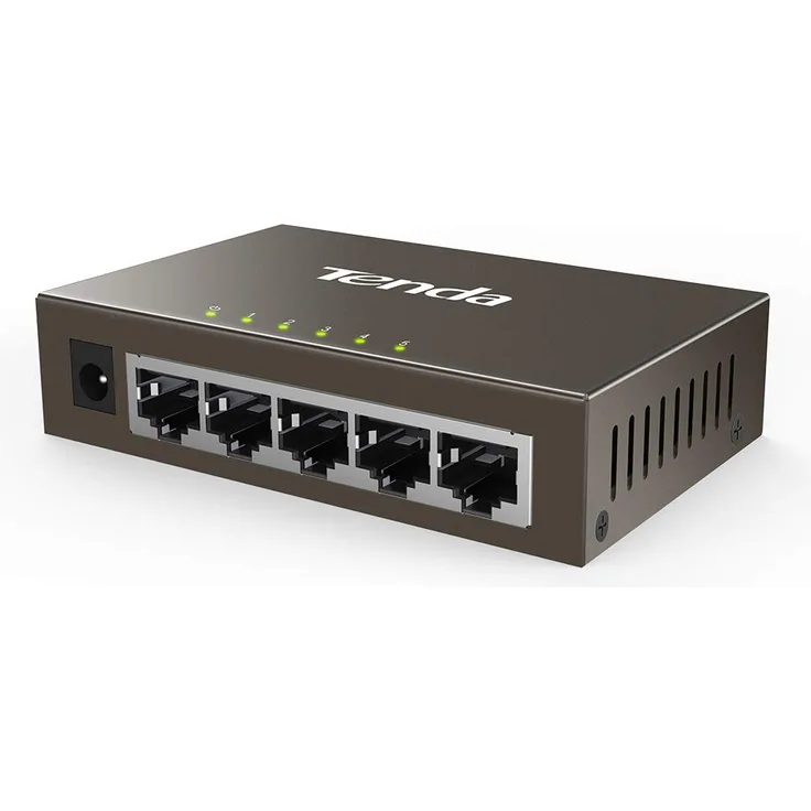 Tenda TEG1005D 5 Port Gigabit Desktop Switch im Metallgehäuse (5x 1000 MBit-s Ports, Vollduplex, Plug & Play, Layer-2, 6KV Überspannungsschutz, Auto-Negatiaton, lüfterlos)