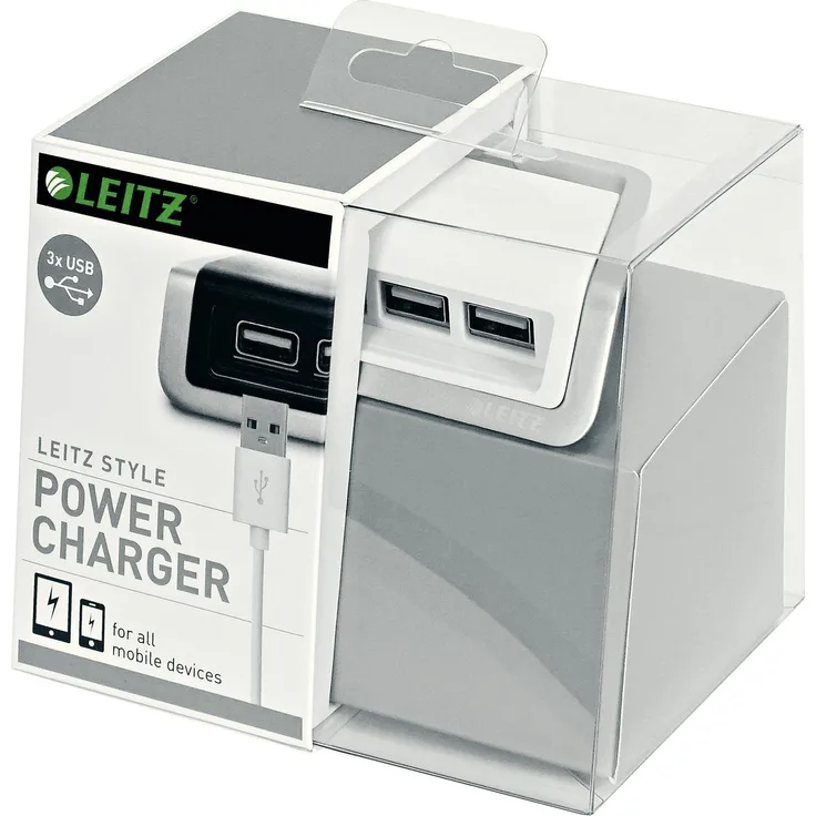 Leitz, 3x USB Universal Ladegerät, Zinkrahmen, Inkl. kurzem Micro USB-Kabel, Style, Arktik Weiß, 62070004
