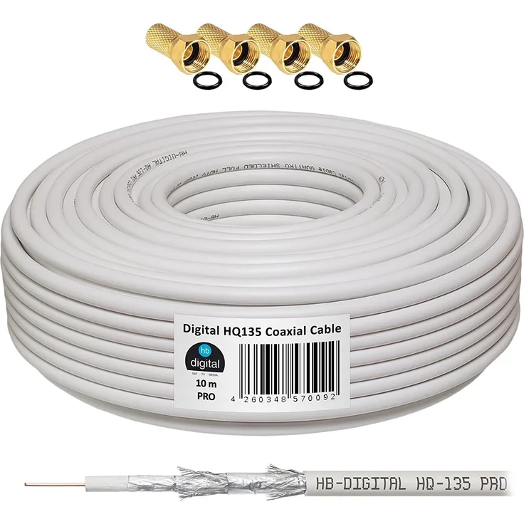 135dB 10 m Koaxial SAT Kabel HQ-135 PRO 4 x geschirmt für DVB-S/S2 DVB-C und DVB-T BK Anlagen + 4 vergoldete F-Stecker SET Gratis enthalten