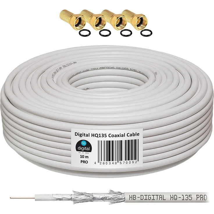 135dB 10 m Koaxial SAT Kabel HQ-135 PRO 4 x geschirmt für DVB-S/S2 DVB-C und DVB-T BK Anlagen + 4 vergoldete F-Stecker SET Gratis enthalten – Bild 1