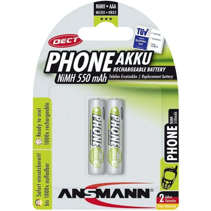 ANSMANN Akku AAA Micro 550 mAh 1,2V NiMH für Schnurlostelefon 2 Stück - Wiederaufladbare Batterien mit geringer Selbstentladung maxE - Akkus ideal für DECT Telefon schnurlos - Rechargeable Battery