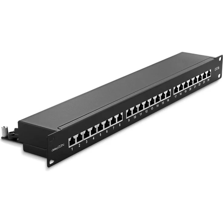 deleyCON CAT 6a Patchpanel Verteilerfeld 24 Port - Desktop / 19 Zoll Rackeinbau / Servermontage - RJ45 - geschirmt - TIA56a8A / TIA56a8B - Schwarz