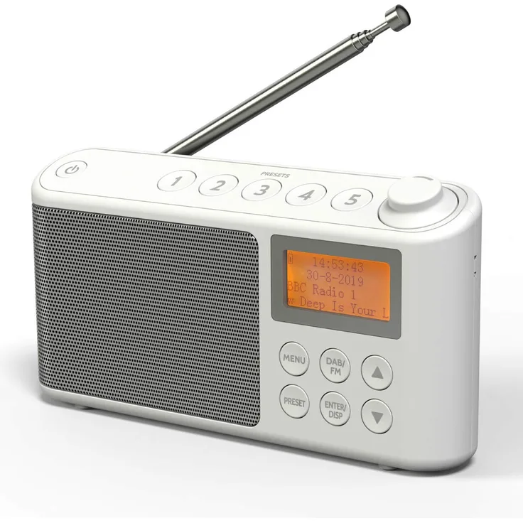 DAB-DAB+ & FM-Radio, Netz- und Batteriebetrieben, tragbares DAB-Radio, wiederaufladbar, digitales Radio mit USB-Ladekabel für 15 Stunden Wiedergabe (weiß)