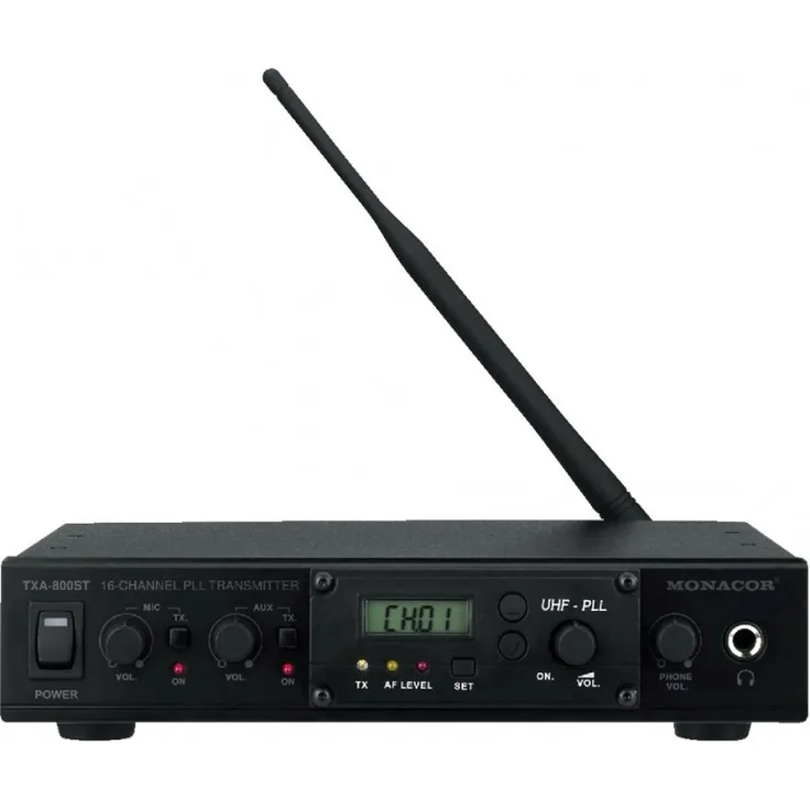 MONACOR TXA-800ST Professionelles 16-Kanal-Mono-PLL-Audio-Übertragungssystem, 863-865MHz, mit umfangreichem Zubehör, Schwarz