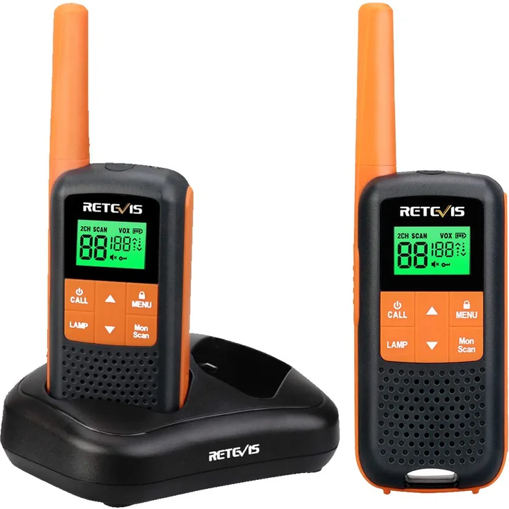 Retevis RT649 Walkie Talkie Lizenzfrei PMR446 Funkgerät Set 16 Kanäle VOX LED Taschenlampe IP65 Wasserdichtes Scan Zwei Lademethoden (Orange, 2 STK.)