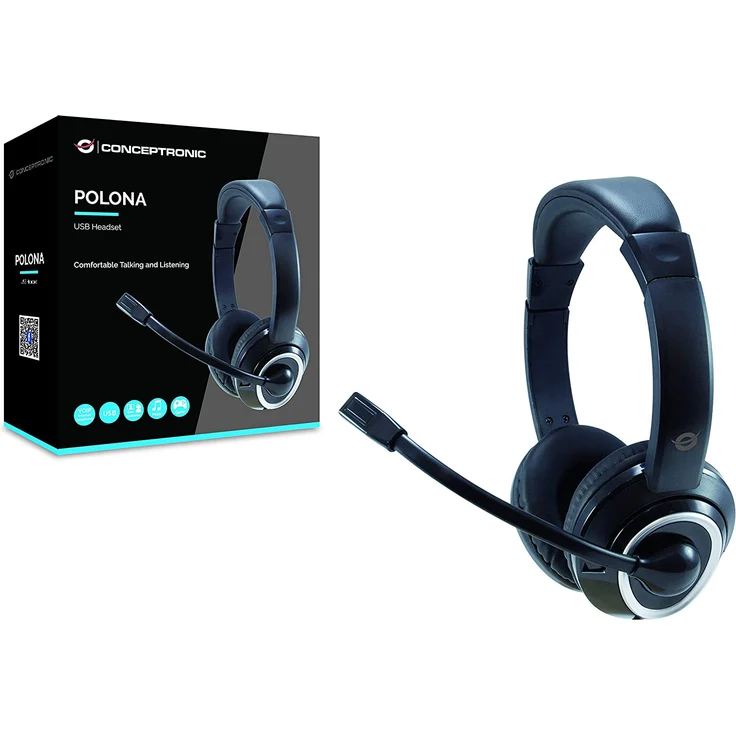 Conceptronic POLONA 01B USB Headset mit Mikrofon, ohrumschließend, kabelgebunden, VoIP-Headset, schwarz – Bild 2