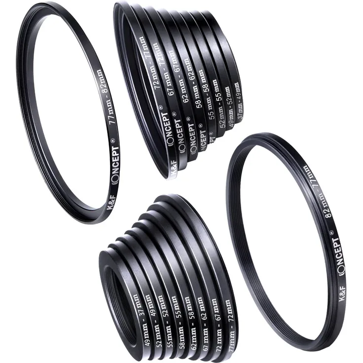 K&F Concept® 18 teiliges Filteradapter Set Kamera Objektiv Filter Metall Step Up Ringe 9er Step Down Ringe Set für Canon Nikon Sony Sigma Tamron Schwarz