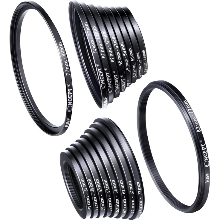 K&F Concept® 18 teiliges Filteradapter Set Kamera Objektiv Filter Metall Step Up Ringe 9er Step Down Ringe Set für Canon Nikon Sony Sigma Tamron Schwarz – Bild 1