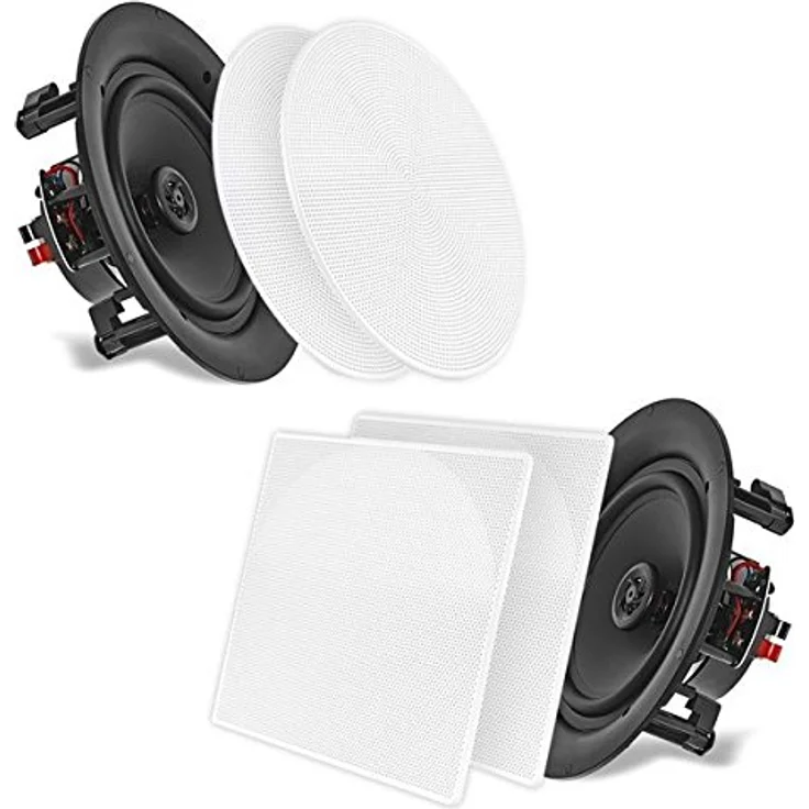 Pyle PDIC106 Dual-Stereo-Lautsprecher für Wand/Decke, 25,4 cm, 250 W, 2-Wege, Unterputzmontage, Weiß Standard mit runder und quadratischer Abdeckung. 5.25'' 13,3 cm.