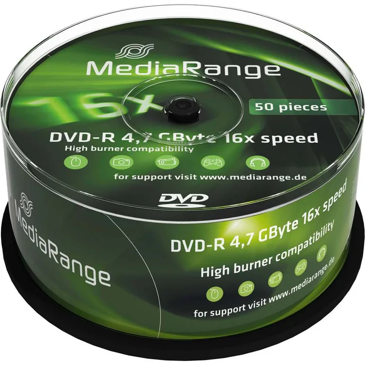 MediaRange DVD-R 4.7Gb|120Min 16x Speed, Inkjet Fullsurface Printable, Cake 25