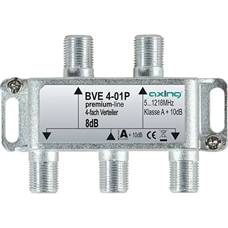 Axing BVE 4-01P 4-fach Verteiler Kabelfernsehen CATV Multimedia DVB-T2 Klasse A+, 10dB, 5-1218 MHz metall