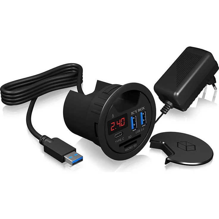 ICY BOX USB Tisch Hub zum Einbau, 60 mm, USB 3.0 Hub, USB-C, Ladefunktion, Kartenleser, Display mit Netzteil – Bild 2