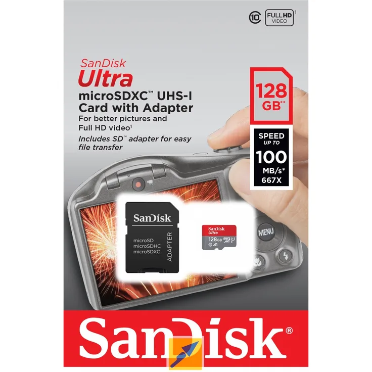 SanDisk Ultra 128GB Imaging microSDXC Speicherkarte + SD-Adapter bis zu 100 MB-Sek, Class 10, U1, A1,Grau, Rot, Weiß