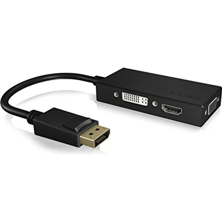 ICY BOX IB-AC1031 3-in-1 Adapter DisplayPort (Stecker) auf HDMI (4K Ultra HD), DVI-D oder VGA (Full HD) schwarz