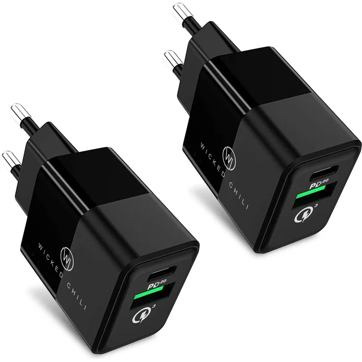 Wicked Chili 2X 20W Dual USB Netzteil USB-A QC 3.0 + USB-C PD 3.0 - Set mit 2 Schnellladegeräten, 2 Dual-Port Lade-Adapter für Handy kompatibel mit Xiaomi, Samsung, iPhone 12, Magsafe-Ladegerät