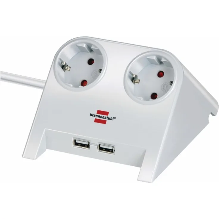 Brennenstuhl Desktop-Power, Steckdosenleiste 2-fach für den Tisch (Tischsteckdose mit 1,8m Kabel, Gummifüßen und 2-fach USB) weiß poliert