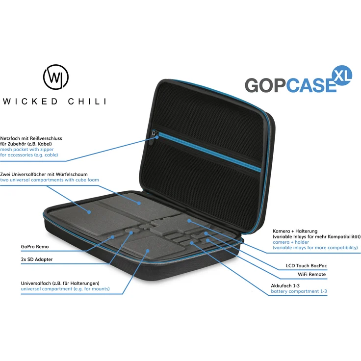 Wicked Chili GOP Case Tasche kompatibel mit GoPro Hero9, Hero 8, 7, 2018, 6, 5, Apeman, Crosstour Schutztasche, Koffer Schutzhülle für Kamera und Zubehör (XL, schwarz) – Bild 3