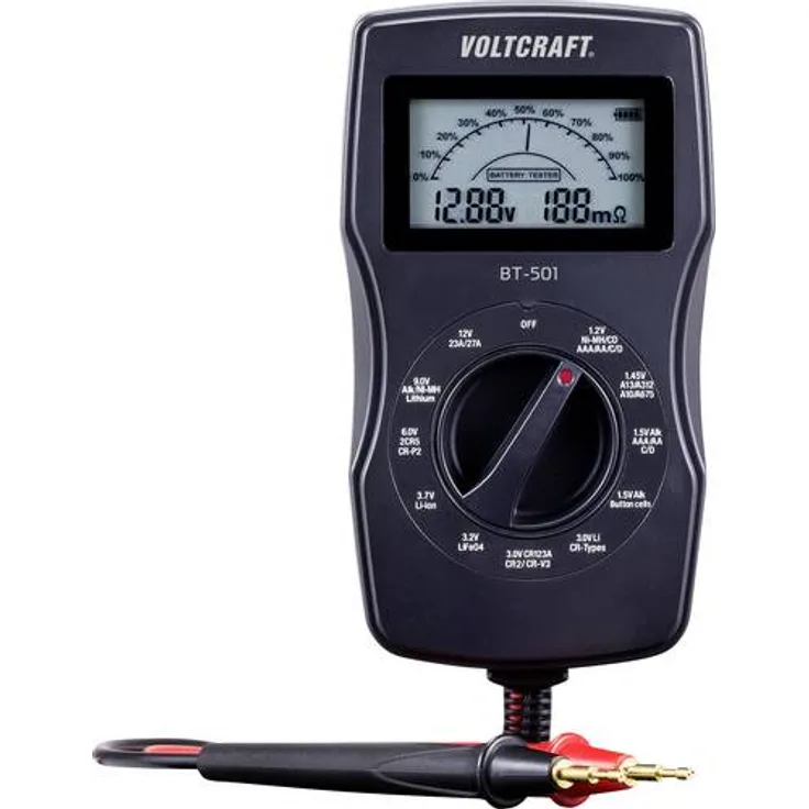 VOLTCRAFT Batterietester BT-501 Messbereich (Batterietester) 1,2 V, 1,5 V, 3 V, 6 V, 3,7 V, 9 V, 12V Batterie, Akku BT-501