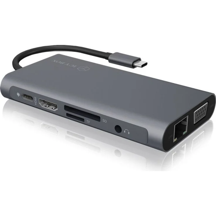ICY BOX USB-C Dock mit HDMI, USB 3.0 Hub, Power Delivery, LAN, Kartenleser, Audio, VGA für MacBook und Laptop, Aluminium – Bild 1
