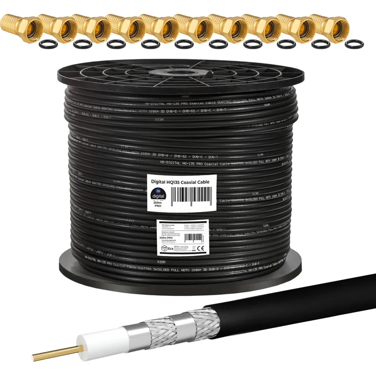 250m 10 F-Stecker 135 HQ Koaxial Kabel SCHWARZ