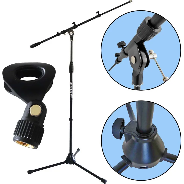 Keepdrum MS106 Mikrofonständer mit Galgen u. Metall-Sockel + Klammer (Schwarz) 