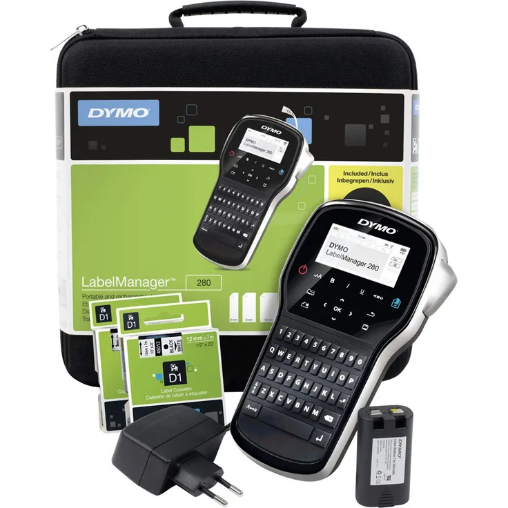 DYMO LabelManager 280 Wiederaufladbares Handheld-Etikettendrucker-Set, QWERTY-Tastatur, mit 2 Rollen D1-Etiketten und Tragetasche