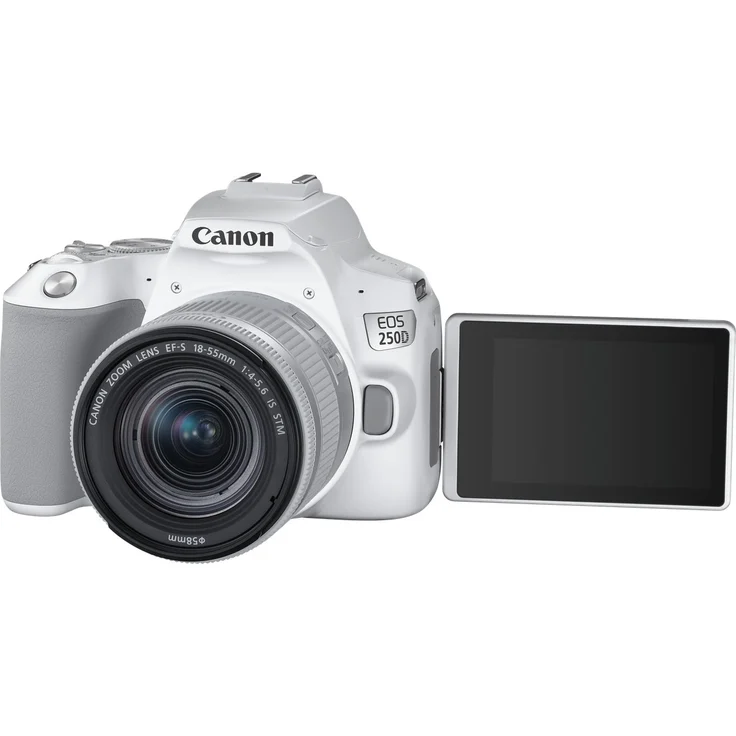 Canon EOS 250D Digitalkamera (24,1 Megapixel, 7,7 cm (3 Zoll) Vari-Angle Display, APS-C-Sensor, 4K, Full-HD, DIGIC 8, WLAN, Bluetooth) mit Objektiv EF-S 18-55mm F4-5.6 IS STM weiß-silber – Bild 3