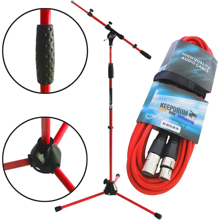 Keepdrum MS106 RD Rot Mikrofonständer Stativ mit Galgen + 6m XLR Kabel Rot 