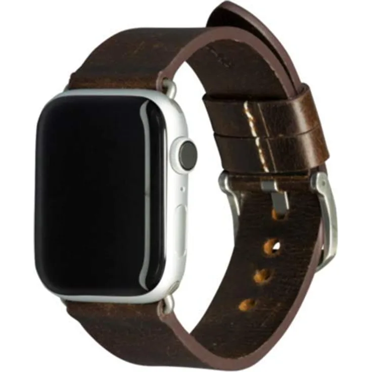 dbramante1928 Echtleder-Uhrenarmband für Apple Watch (42-44mm) - [Modell: Bornholm, Saffianoleder, Handgefertigt, Farbe: dunkelbraun-silber] - AW44DBSI1034