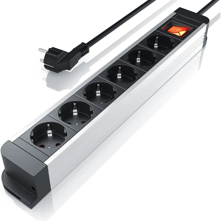 CSL - Arendo 6-Fach Steckdosenleiste Aluminium - 6-Fach Netzschalter - bis zu 3680W - 230V AC 50Hz - EIN- Ausschalter beleuchtet - für Wandmontage geeignet - integrierter Berührungsschutz