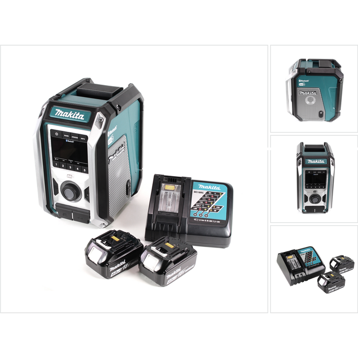 Makita DMR 115 RM Akku Baustellenradio 12V - 18V Bluetooth DAB+ IP65 + 2x Akku 4,0 Ah + Ladegerät schwarz, blau, silber