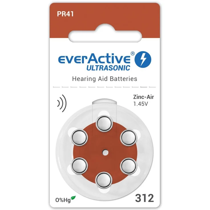 everActive 312, 6 Stück, Hörgerätebatterien, hohe Leistung, Zink-Luft-Batterien, 1 Blisterkarte, 4-jährige Haltbarkeit, braun, Ultrasonic PR41