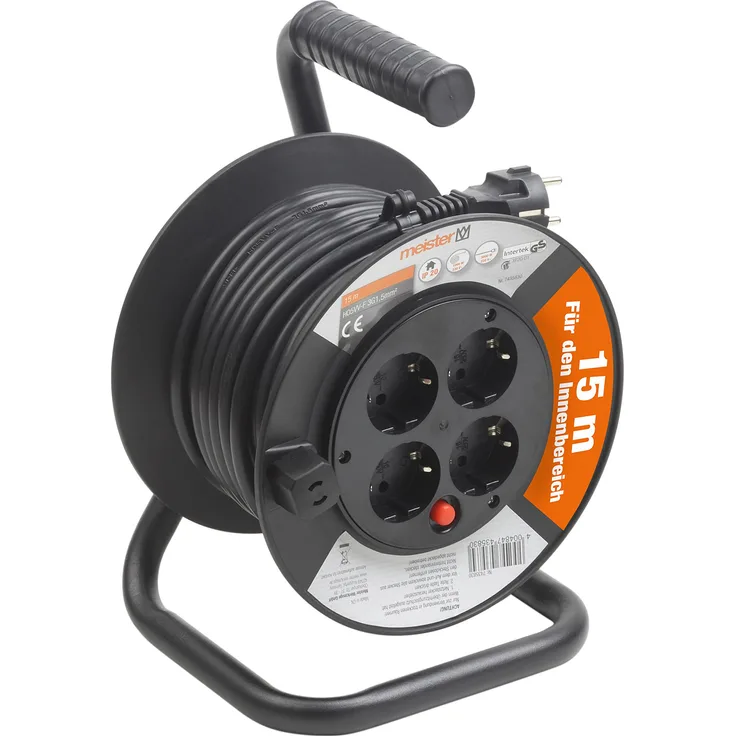 Meister Kabeltrommel Mini, H05VV-F3G1,5, IP20 - 15 m Kabel - Thermoschutz-Schalter - Indoor - Kabelrolle mit 4 Steckdosen - Kabelbox mit Verlängerungskabel - Leitungsroller mit Kurbel - 7435830