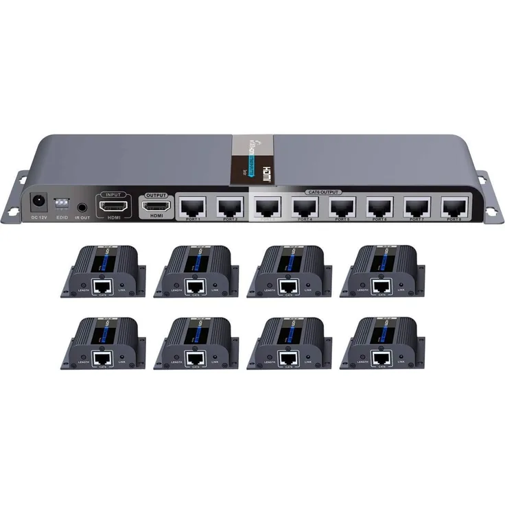 PremiumCord HDMI Splitter 1-8 + 8X Extender CAT6-6a-7, Metallgehäuse, LED Status, Kompatibel mit Full HD 1080p 60Hz, 3D, HDCP, schwarz