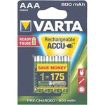 VARTA Rechargeable Akku Ready2Use (vorgeladener AAA Micro 800 mAh Ni-Mh, wiederaufladbar ohne Memory-Effekt, sofort einsatzbereit) 4er Pack
