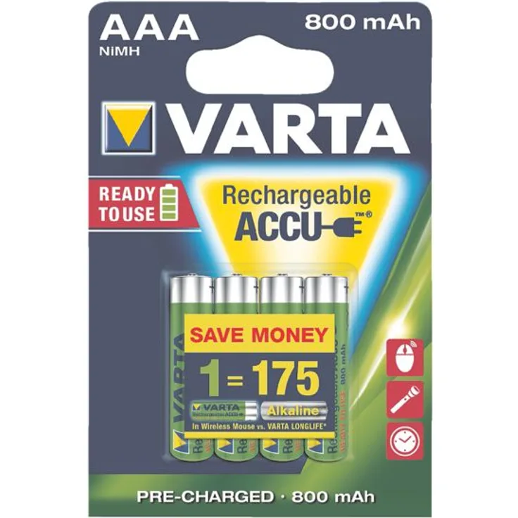 VARTA Rechargeable Akku Ready2Use (vorgeladener AAA Micro 800 mAh Ni-Mh, wiederaufladbar ohne Memory-Effekt, sofort einsatzbereit) 4er Pack