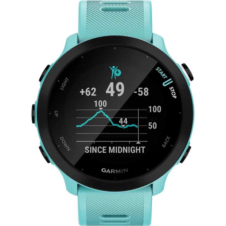 Garmin Forerunner 55 Smartwatch GPS, Unisex, 42mm, Silikonarmband, Schwarz/Türkisblau – Bild 3
