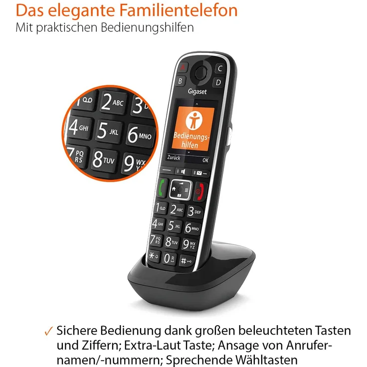 Gigaset E720HX elegantes IP-/Seniorentelefon zum Anschluss an Basisstationen oder Router (DECT Telefon mit Rufnummeransage, Bluetooth, SOS Funktion, einfacher Bedienung), VoIP-Telefon, schwarz – Bild 3