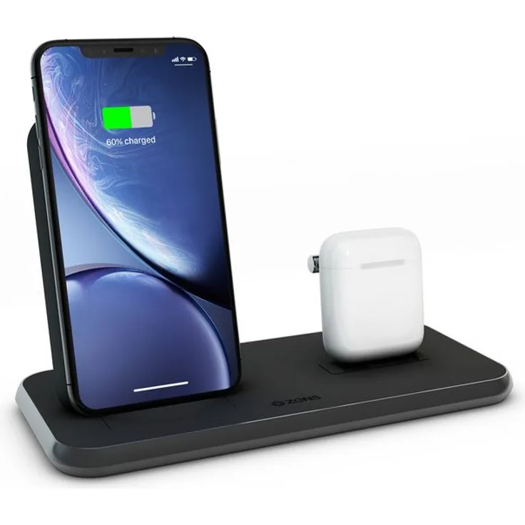 Zens Aluminium Charger mit Stand, geeignet für Apple iPhone/AirPods, Qi Ladestation, schwarz