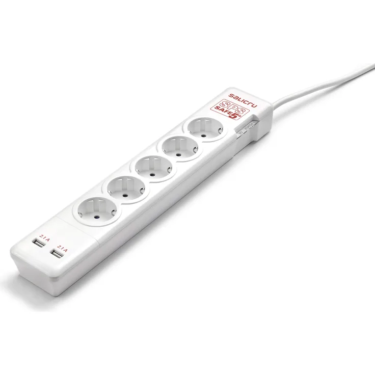 SALICRU SPS Safe 5 + Displayschutzfolie Elektrische Aktiv – Steckdosenleiste (306 J AC, 5 Ausgänge, Typ F, 10 A, 1,5 m, weiß)