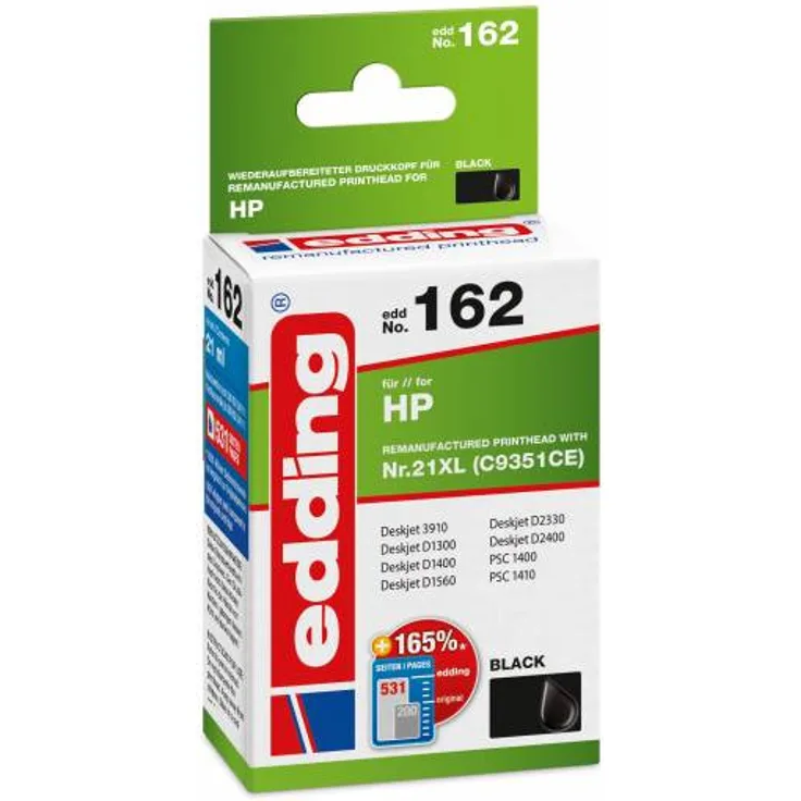 edding 18-162 Druckerpatrone EDD-162 Ersetzt: HP Nummer 21XL (C9351), Einzelpatrone, schwarz