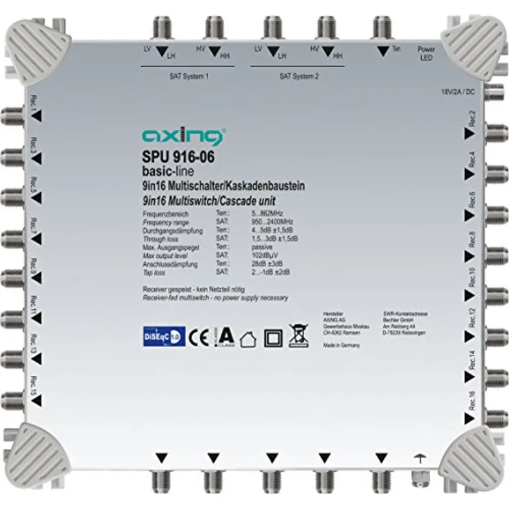 Axing SPU 916-06 Multischalter 9 in 16 ''DiSEqC'' Multiswitch-Kaskade erweiterbar SAT aktiv hellgrau
