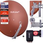 DUR-line 4 Teilnehmer Set - Qualitäts-Alu-Satelliten-Komplettanlage - Select 75cm/80cm Spiegel/Schüssel Rot + Quad LNB - für 4 Receiver/TV [Neuste Technik, DVB-S2, 4K, 3D]