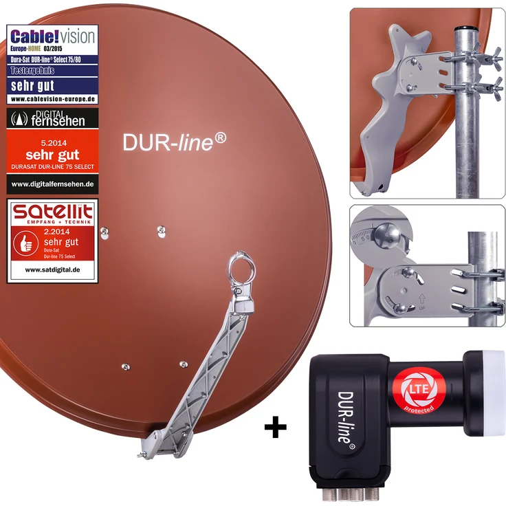 DUR-line 4 Teilnehmer Set - Qualitäts-Alu-Satelliten-Komplettanlage - Select 75cm/80cm Spiegel/Schüssel Rot + Quad LNB - für 4 Receiver/TV [Neuste Technik, DVB-S2, 4K, 3D] – Bild 1