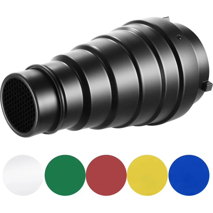 Neewer Metall Spotvorsatz Snoot für Light Shooter mit Honeycomb Wabengitter und 5 Stück Gel Farbefilter für Bowens Montage Studio Strobe Monolicht Fotografie Blitzlicht (Mittel)