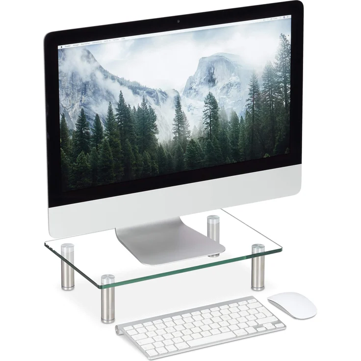 Relaxdays Bildschirmständer Glas, TV Aufsatz, Notebookständer höhenverstellbar 9 - 11 cm, BxT: 38,5 x 24 cm, transparent Klein – Bild 1
