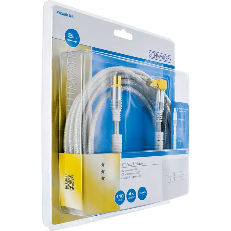 Schwaiger IEC Anschlusskabel (5 m, IEC-Stecker auf 90 Grad IEC-Buchse, 110dB, 4-Fach, vergoldete Rädelmutter) transparent