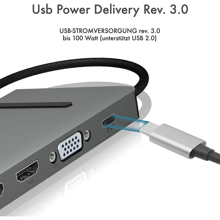 ICY BOX USB-C Docking Station für Windows, 2x HDMI, LAN, Power Delivery, USB 3.0 Hub, Kartenleser, Audio, Aluminium, Grau – Bild 6