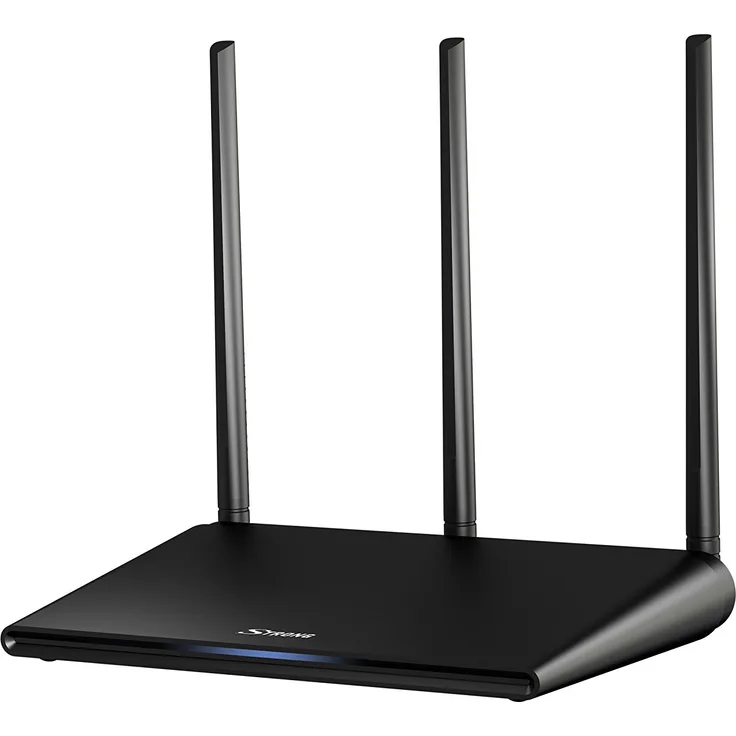 STRONG WLAN Dual Band Router 750 (bis 750 MBit-s, 2.4 + 5 GHz, 3 Antennen, Mediaserver, Verstärker, Wifi App) schwarz