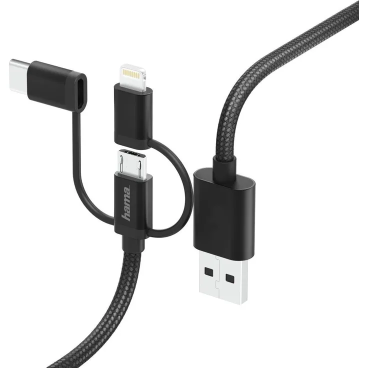 Hama 3in1-Micro-USB-Kabel mit Adapter auf USB-Type-C u. Lightning, 0,2m, Schwarz (00183305)